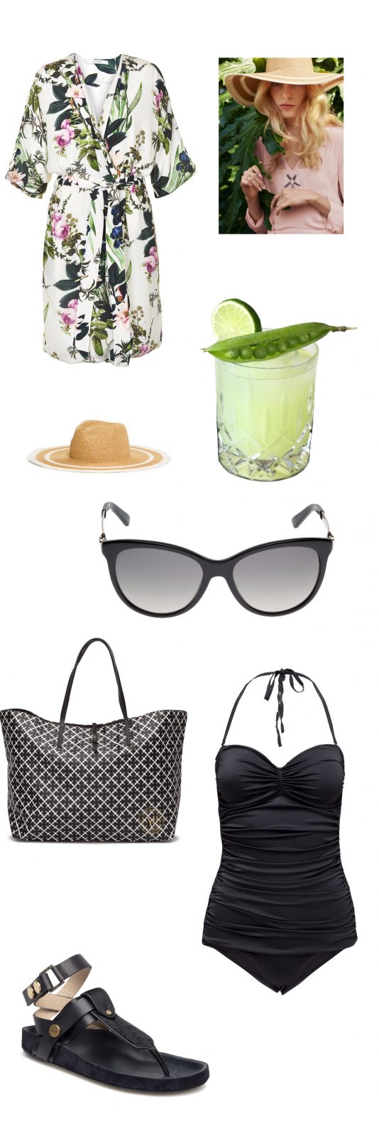 Tøj til ferien - badedragt, solbriller, sandaler fra by malene birger, gucci solbriller, cocktail, stråhat, kimono fra Gestuz